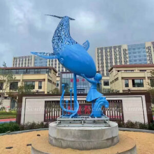 Stainless Steel Girl and Whale Sculpture